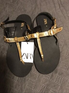 Zara Black Footbed Sandals with Gold Snake-Print Straps
